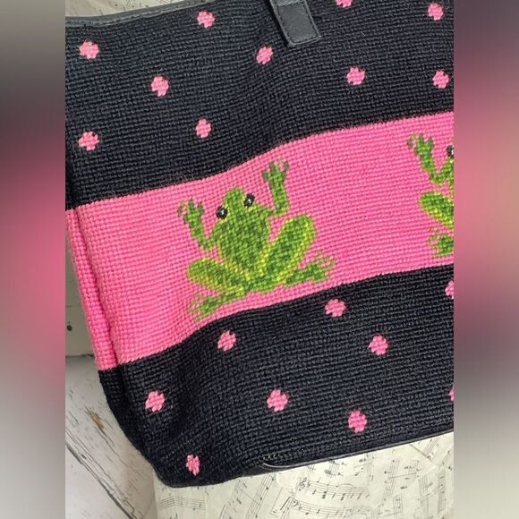 Needlepoint & Leather Tote Handbag w/Frogs - Picture 3 of 9